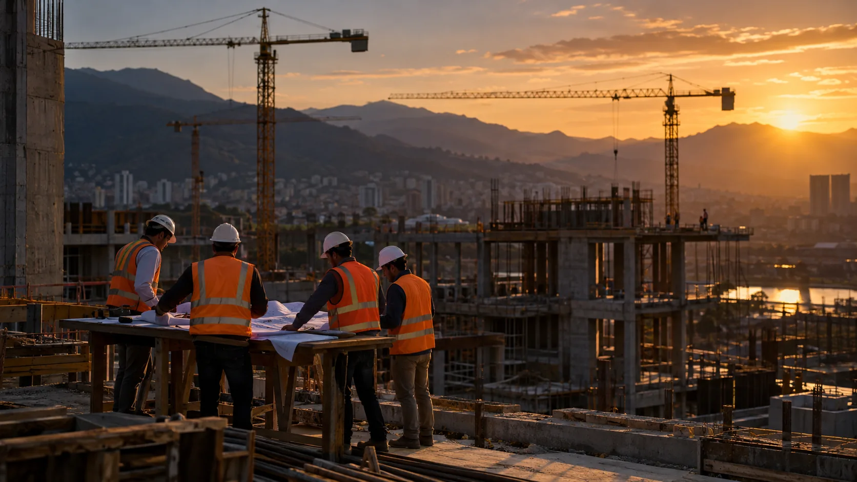 Engineers in hard hats and safety vests review plans on a construction site at sunset (illustrative image)
