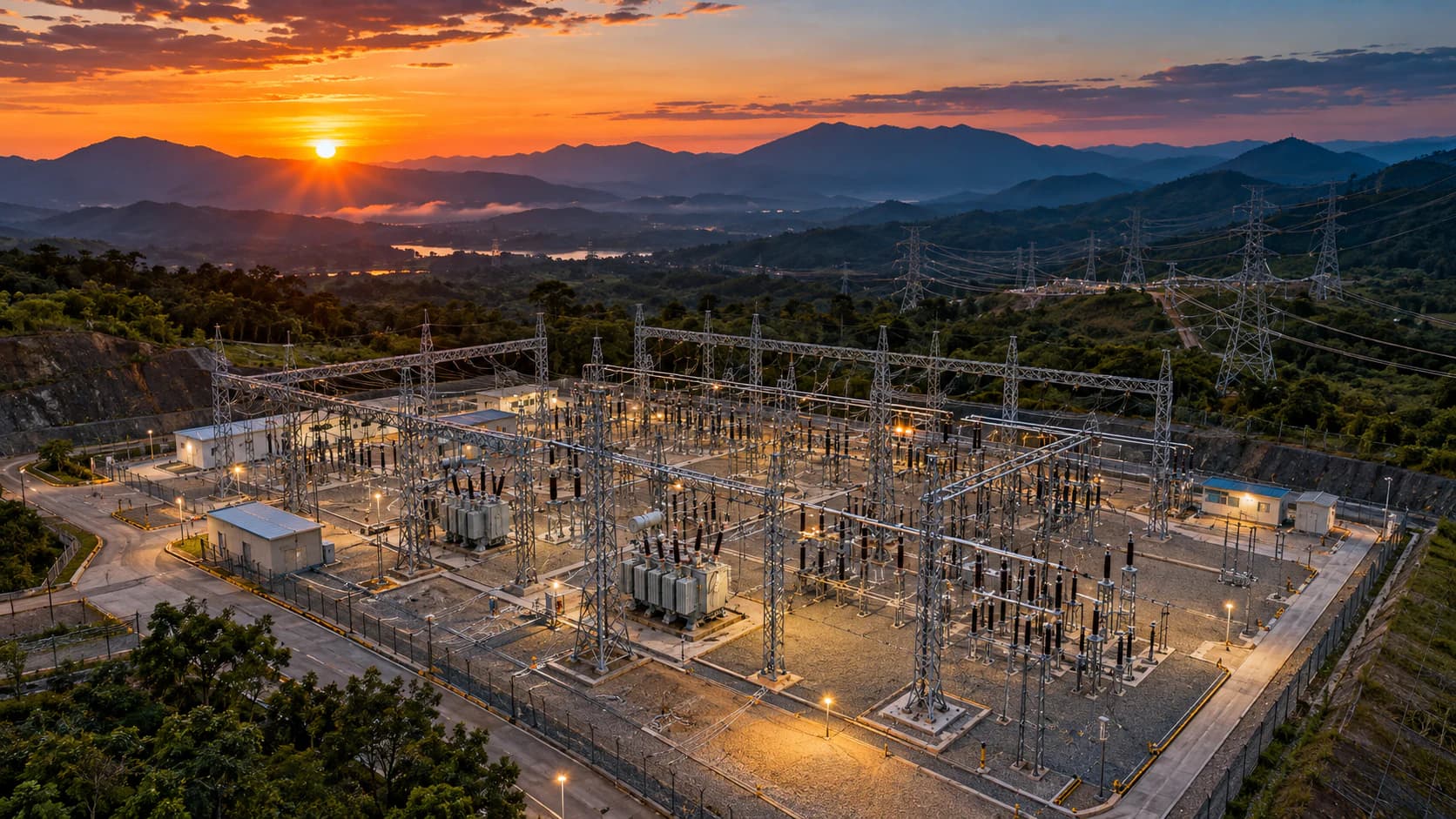 Electrical substation with transformers and illuminated structures at sunset among mountains (illustrative image)
