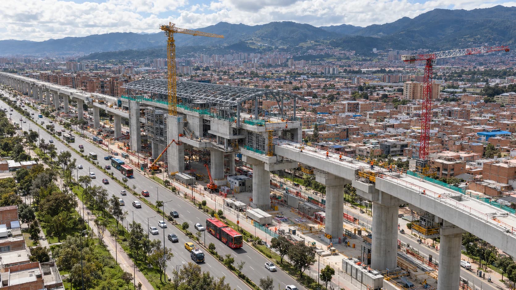 Elevated metro viaduct under construction over a Bogotá avenue, with concrete columns and cranes (illustrative image)