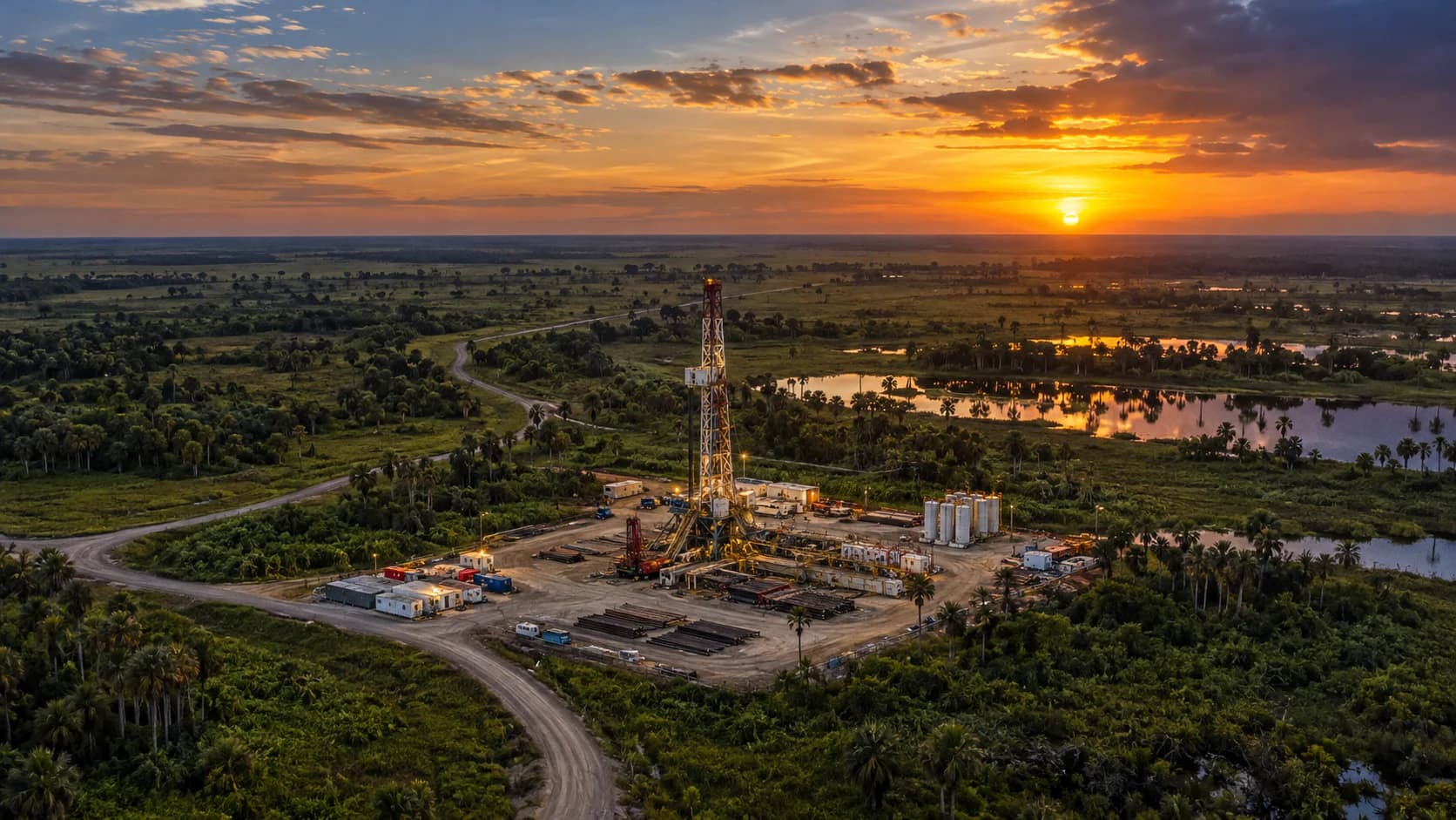Oil well pad with a drilling rig in the middle of the savanna at sunset (illustrative image)