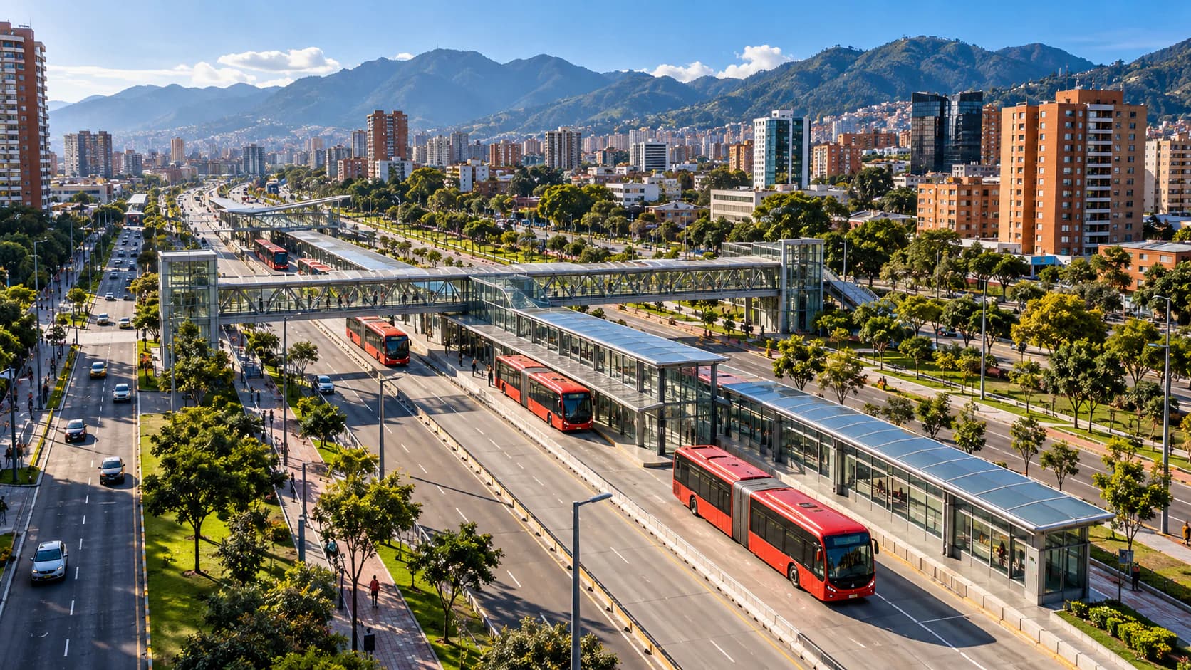 Mass transit corridor with a station and buses on a tree-lined avenue (illustrative image)