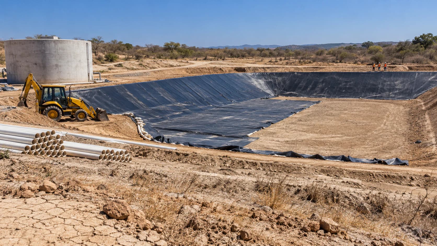 Water reservoir under construction in a dry rural area of Colombia's Caribbean region, with pipes (illustrative image)