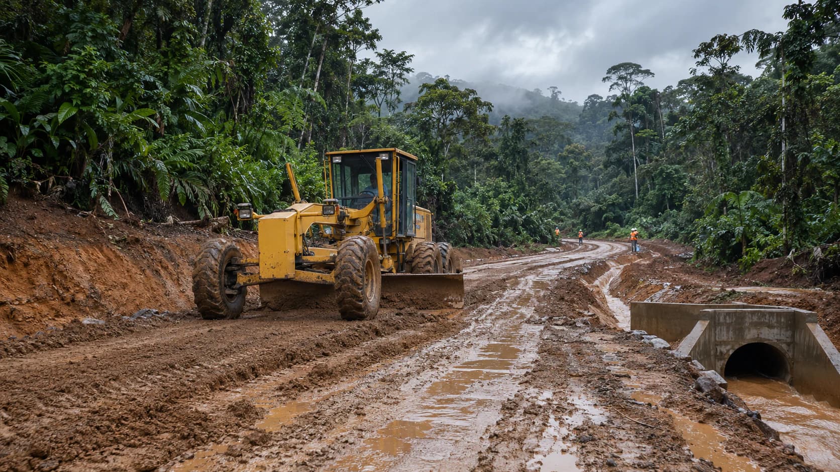 Motor grader leveling an unpaved rural road through dense rainforest in Colombia's Chocó region (illustrative image)