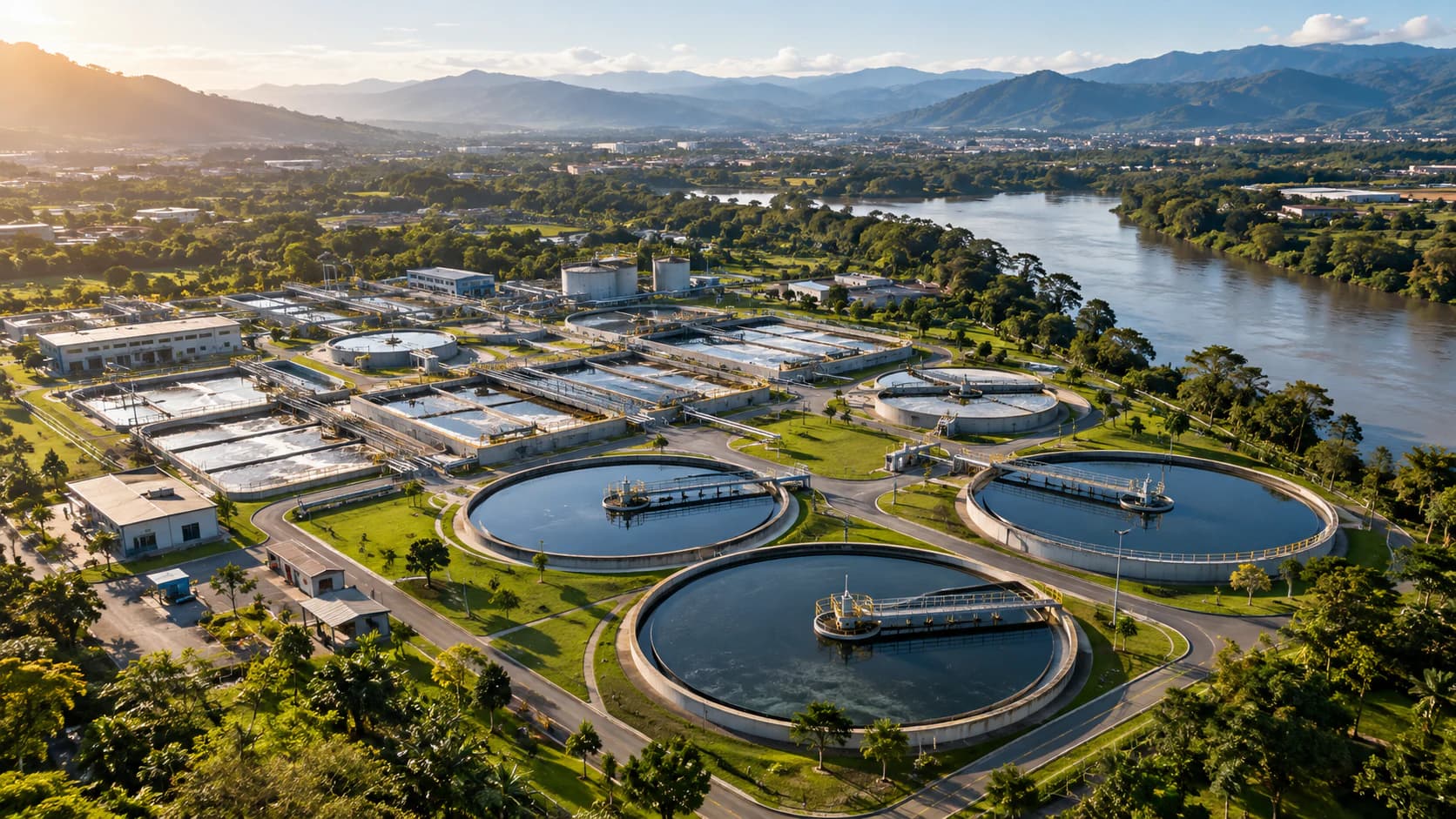 Wastewater treatment plant with circular tanks beside a river (illustrative image)