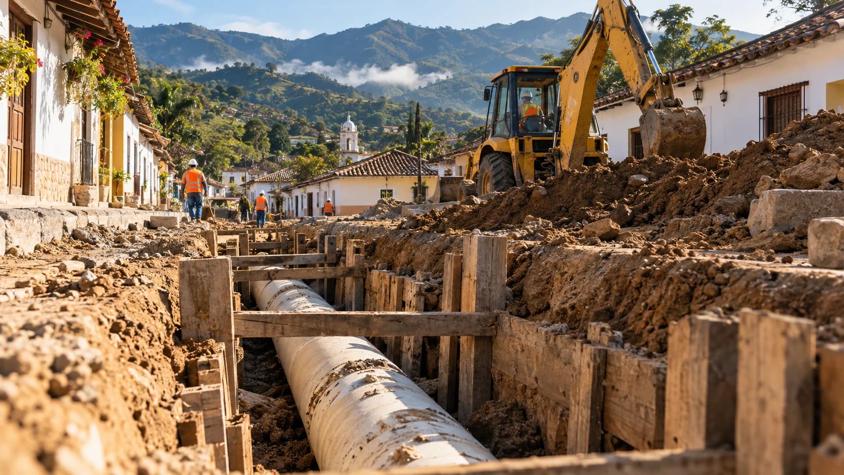 Obra de alcantarillado en un pueblo colombiano de montaña: zanja con tubería de PVC de gran diámetro, entibado de madera, retroexcavadora, casas coloniales de un piso… (imagen ilustrativa)