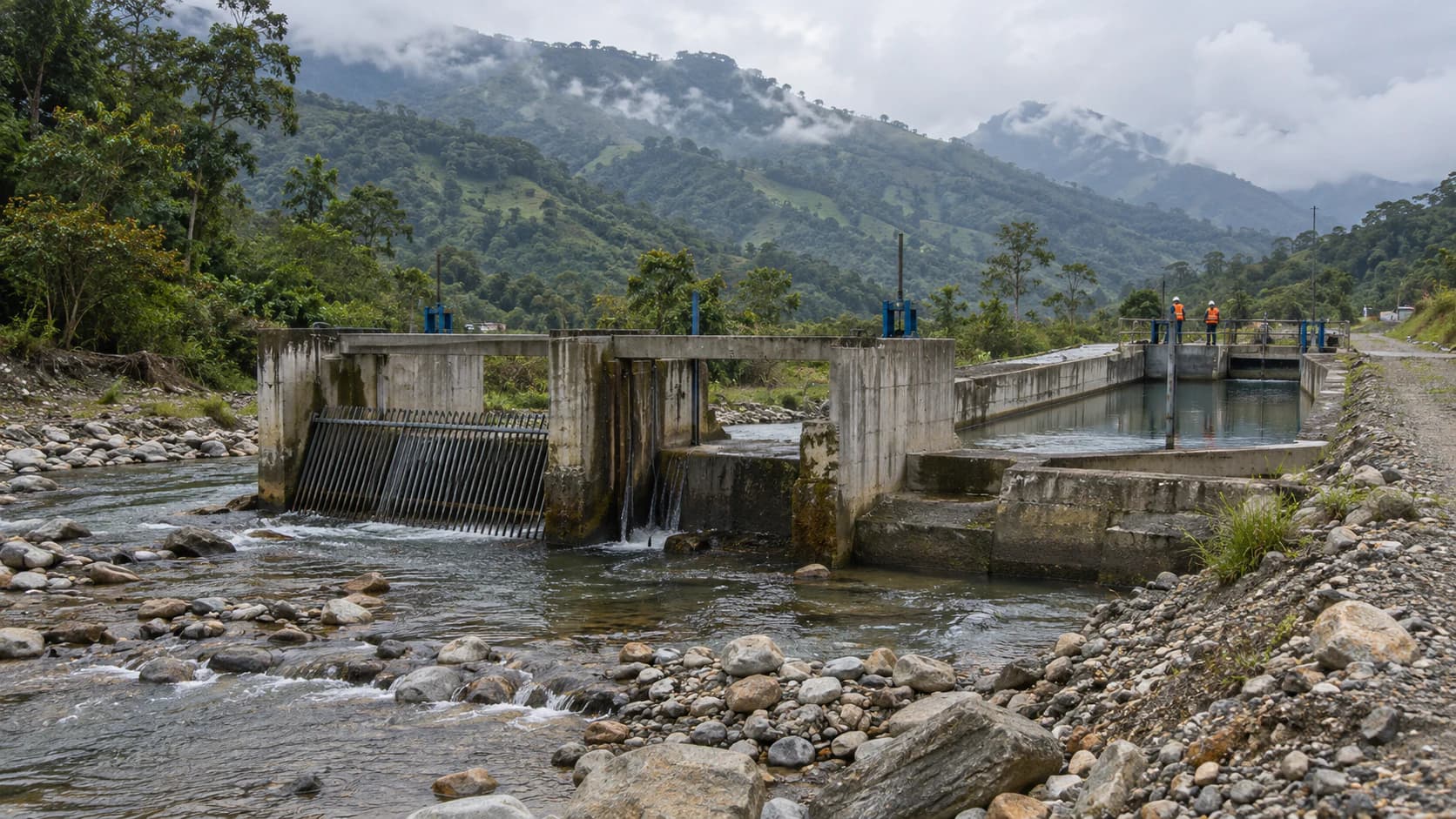 Concrete water intake on a low-flowing river in the Colombian Andes, with mountains behind (illustrative image)