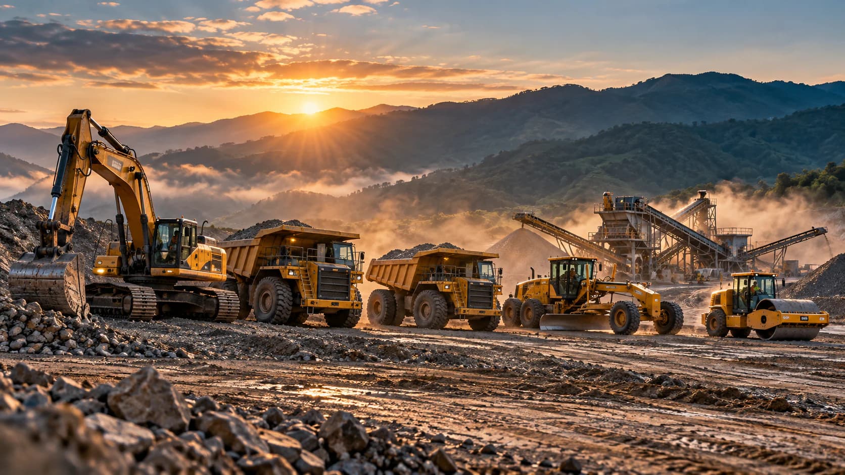Excavator, dump trucks, motor grader, and crushing plant at a job site at dawn (illustrative image)