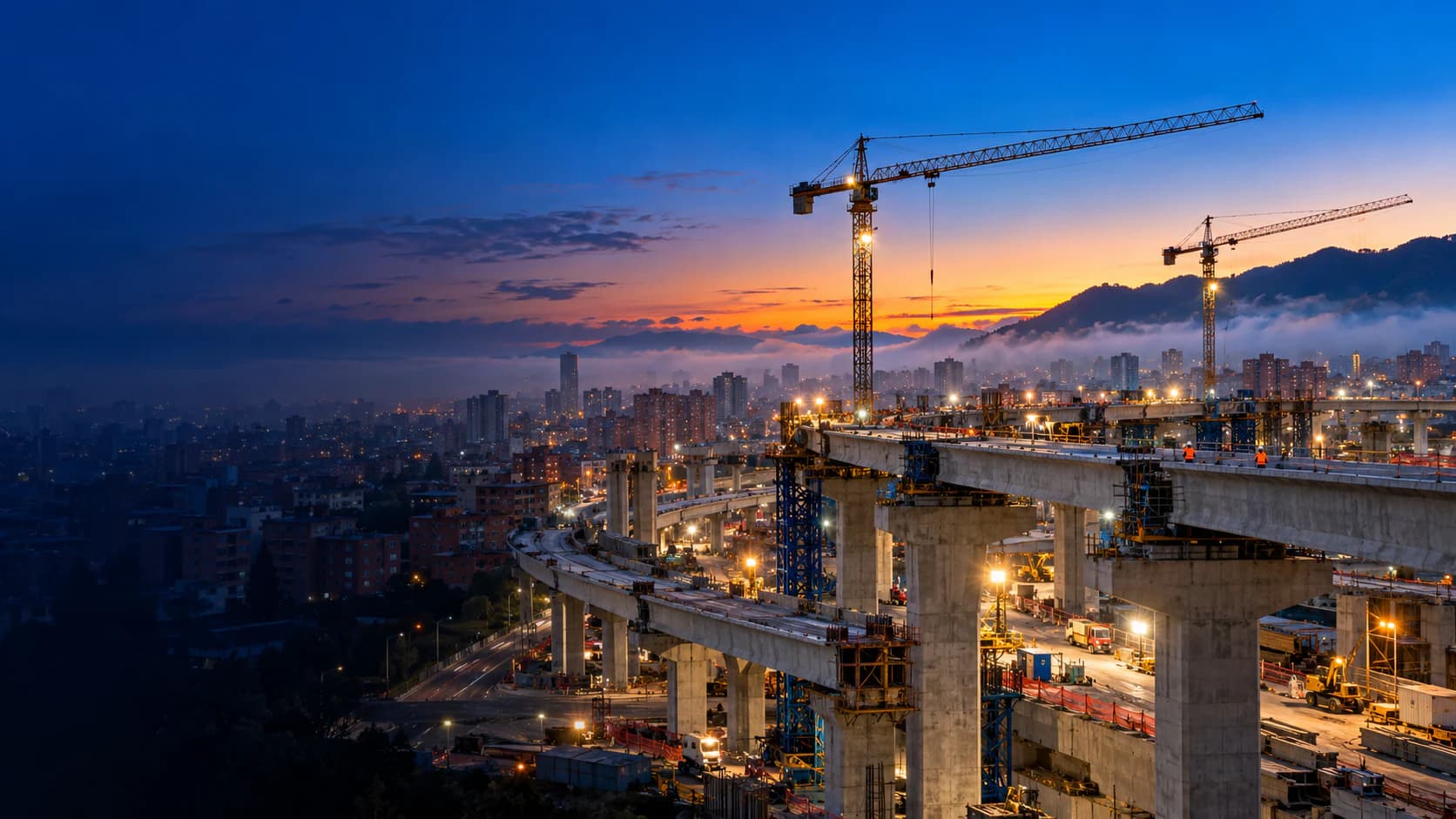 Elevated highway interchange under construction at dawn in Bogotá, with cranes and work lights (illustrative image)