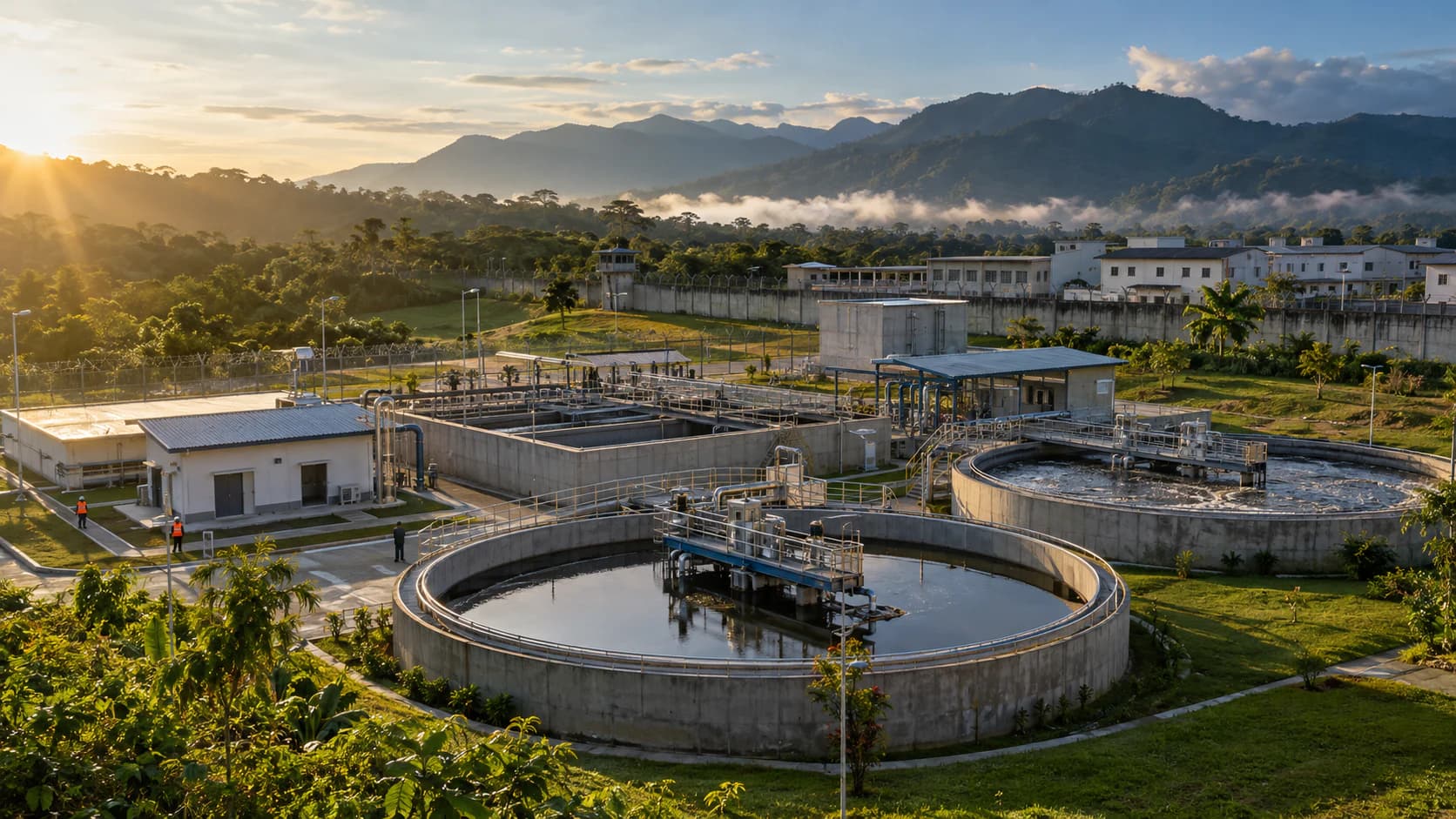 Planta de tratamiento de aguas residuales compacta junto a un centro penitenciario en Florencia, Caquetá: tanques de concreto, casetas técnicas, zonas verdes y… (imagen ilustrativa)