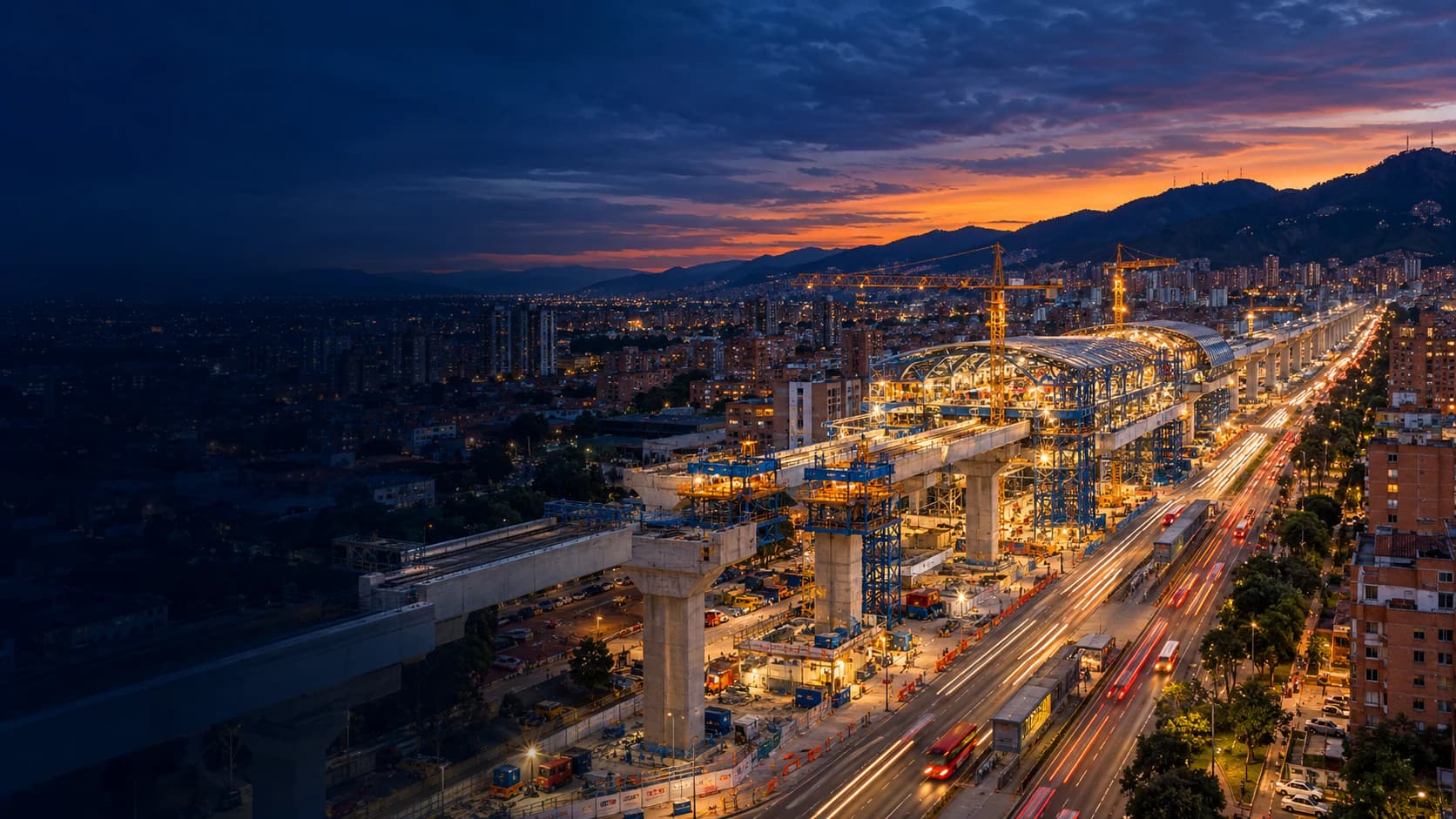 Elevated metro viaduct under construction at dusk, with cranes and lit avenues in an Andean city (illustrative image)