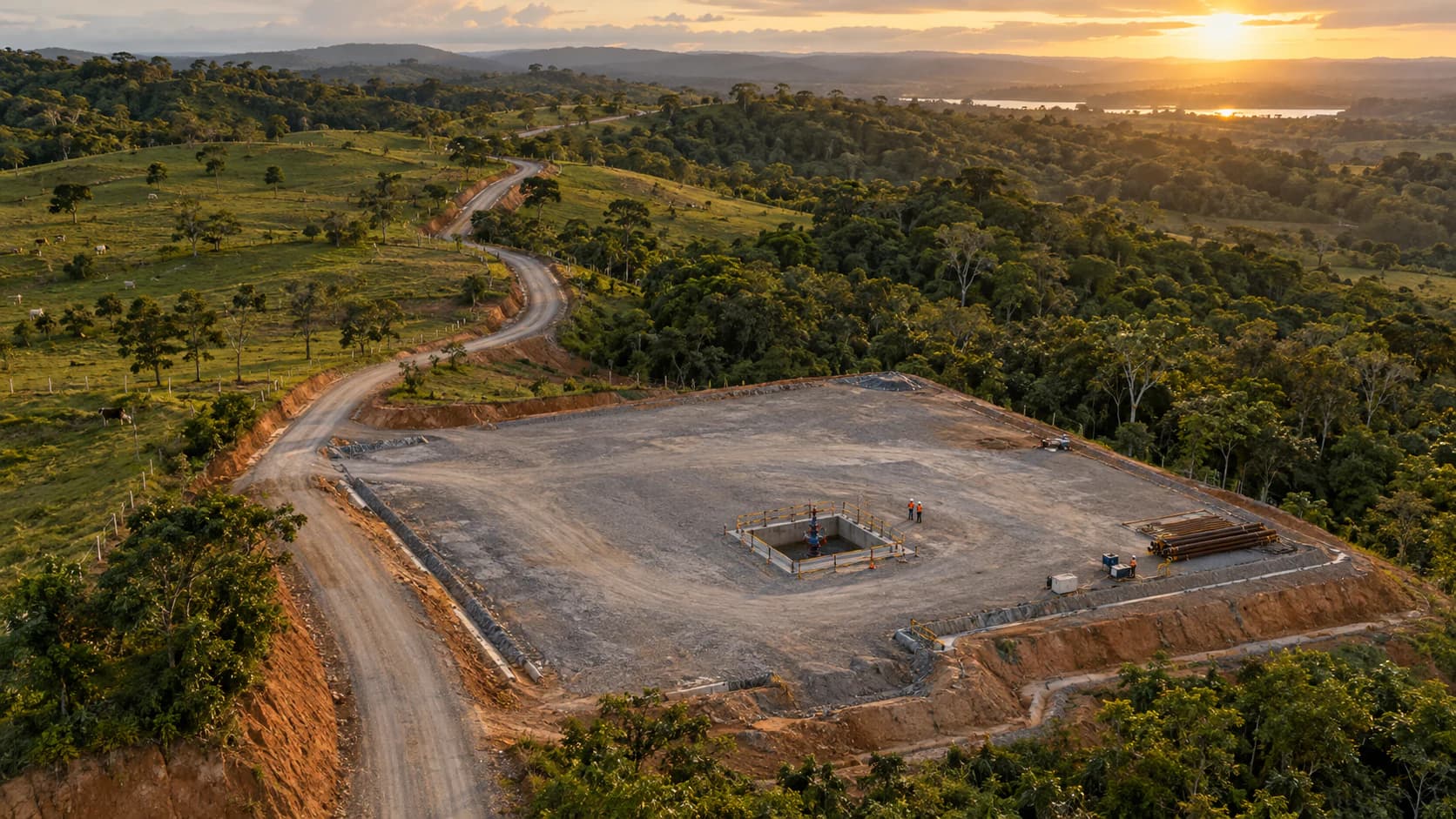 Aerial view of an oil drilling pad in Magdalena Medio, Santander, with a well cellar and new access road (illustrative image)