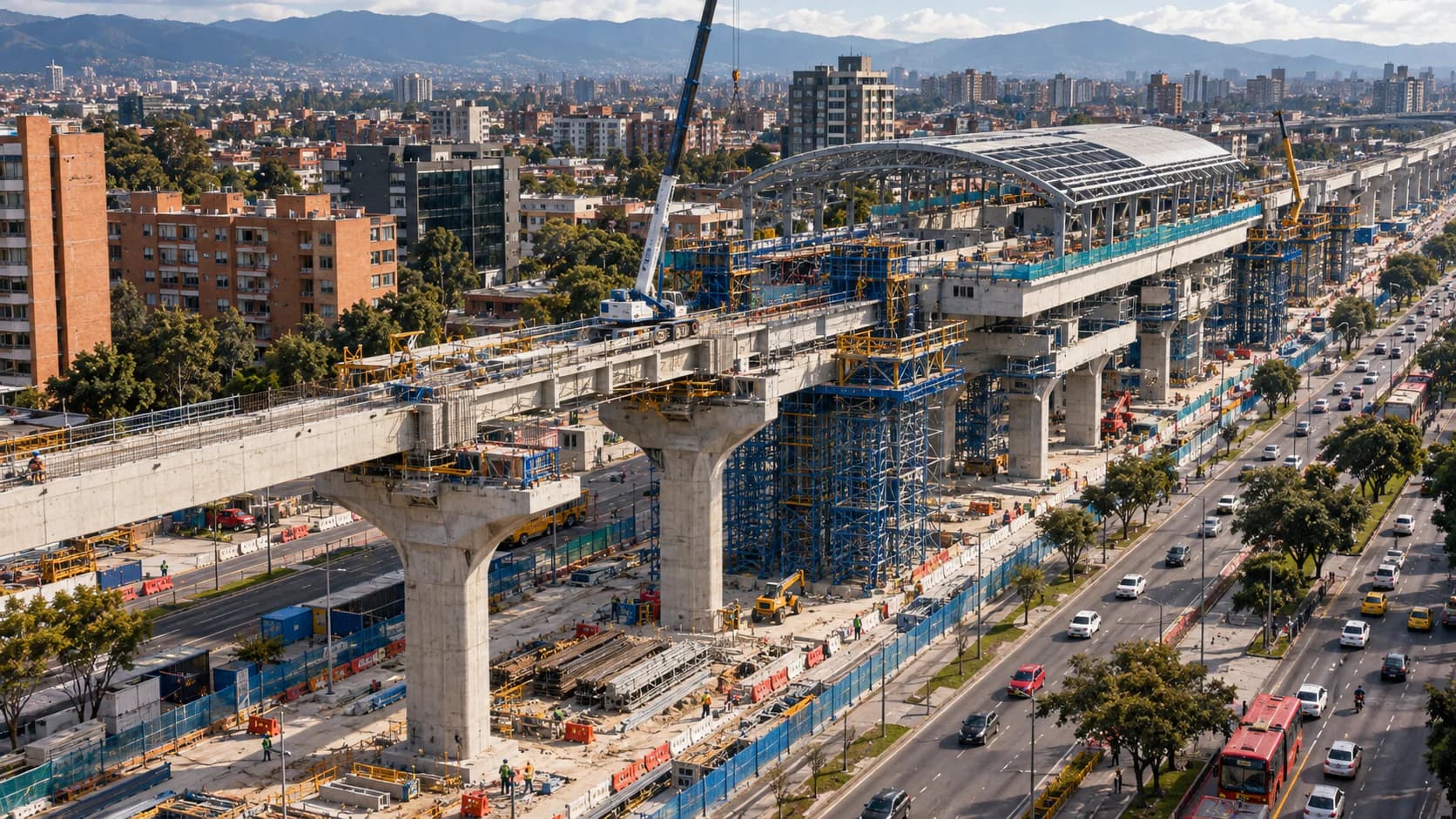 Metro viaduct and station under construction over an avenue, with cranes and active work fronts (illustrative image)