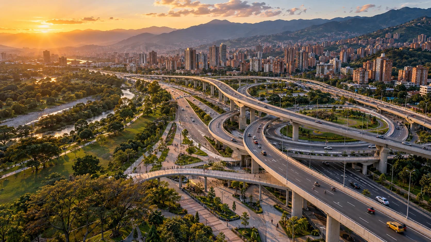 Road interchange with bridges, a linear park, and a river in an Andean city at sunset (illustrative image)