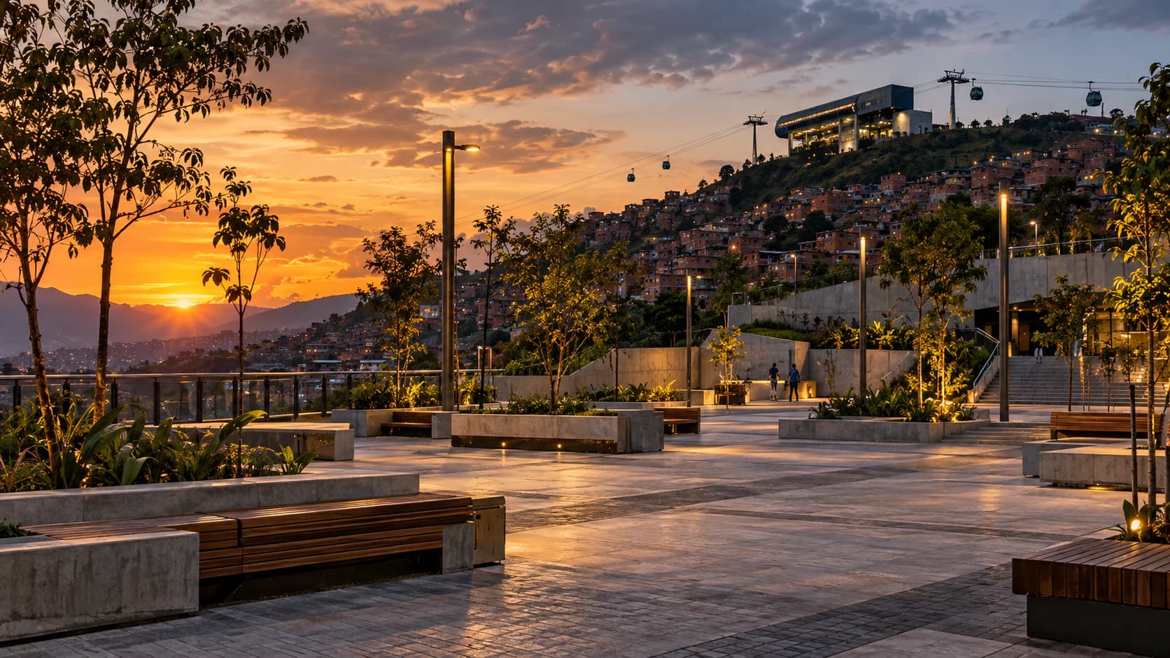 Public plaza with benches, trees, and an aerial cable car on the hillside at sunset (illustrative image)