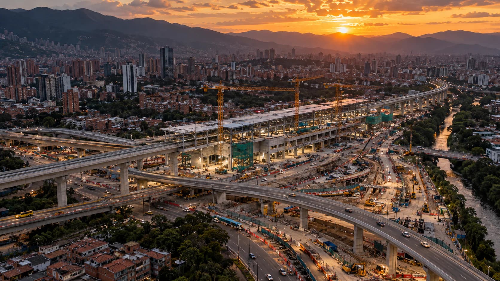 Urban infrastructure works and viaducts at sunset in an Andean city (illustrative image)