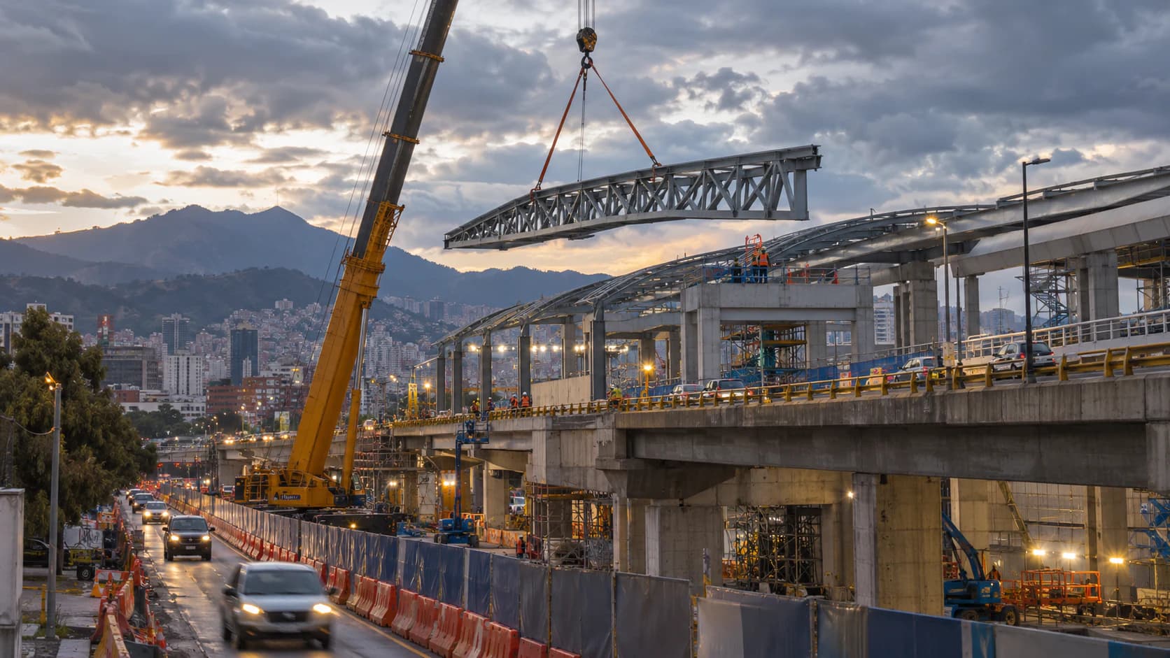 Heavy-lift crane raising a steel beam for the roof of an elevated metro station in Bogotá (illustrative image)